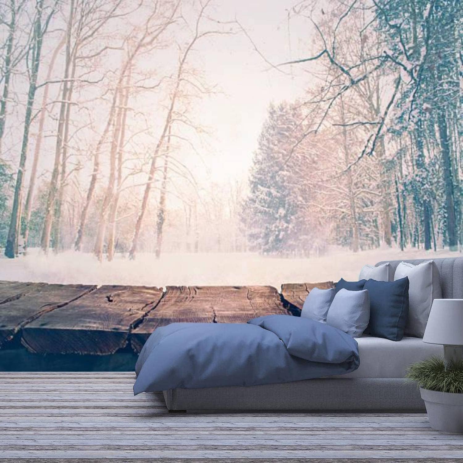 Papier peint amovible paysage forêt d'hiver sticker mural deco