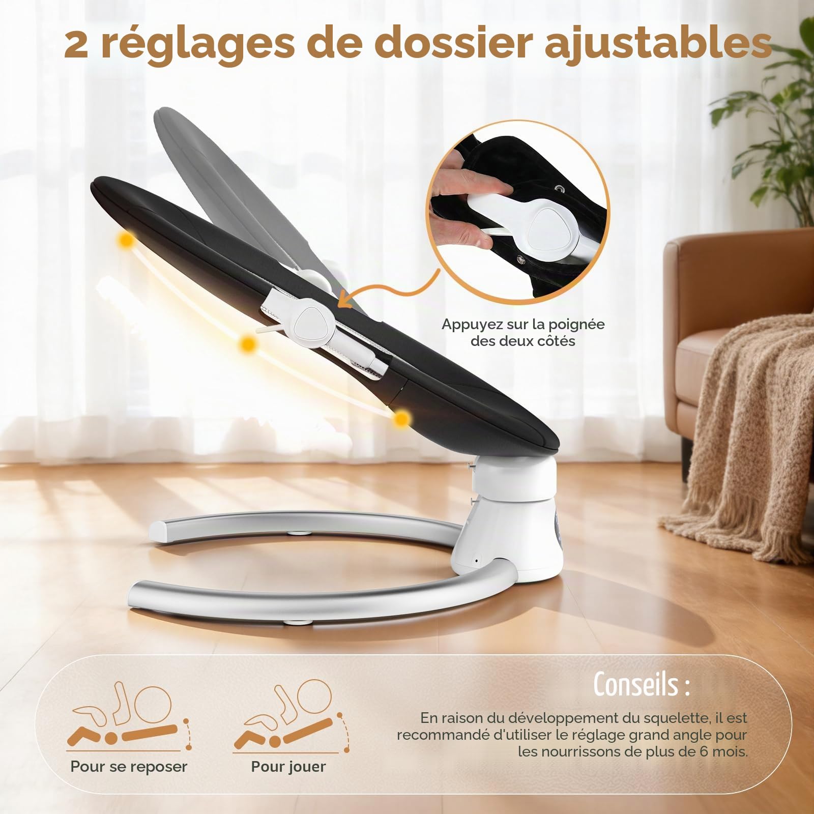 Transat Bébé Électrique avec Dossier Réglable sur 2 Niveaux – Application et Télécommande Balançoire Électrique pour Bébé, 12 Sons et Prise en Charge Bluetooth, 2 Options D'alimentation (Noir)