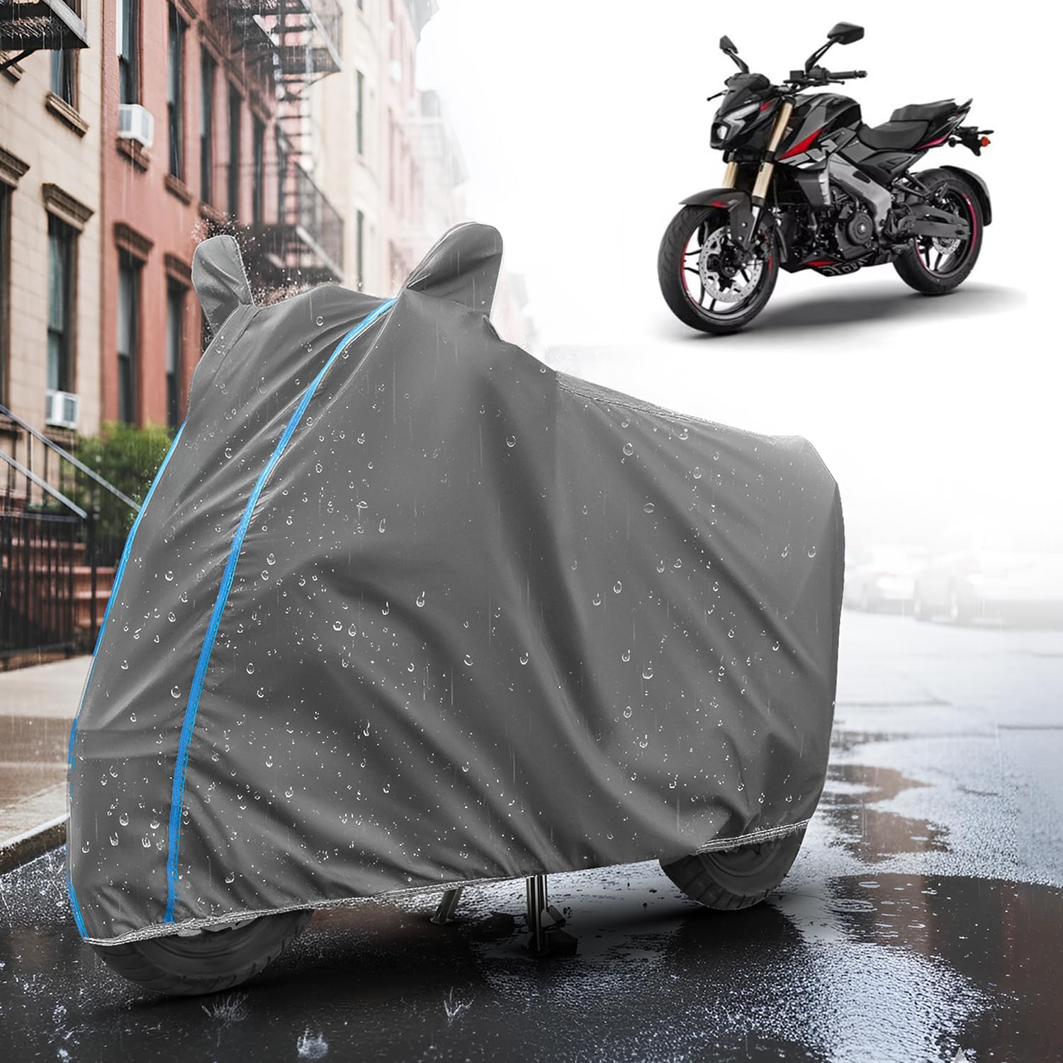 AUTOMOZEXO® Bajaj Pulsar NS400Z All Models 100% Waterproof Cover, Mirror Pocket Full Bottom Elastic Triple Stitch Heavy Duty Two Wheeler Cover Protect→ Rain, UV ray,dust,Bird ding Easy wash -Grey