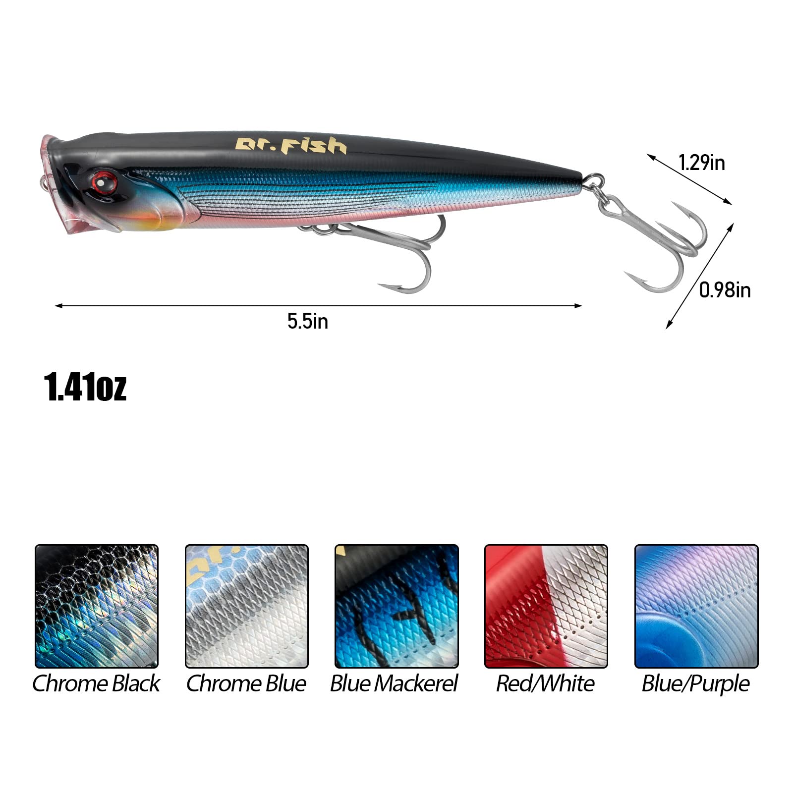 Dr.Fish Topwater Popper Saltwater Fishing Lures, 4/5.5 Inches GT Popper VMC Treble Hooks Surf Fishing Lures for Striper Pike Salmon Lures Bass Popper Fishing Plugs Offshore