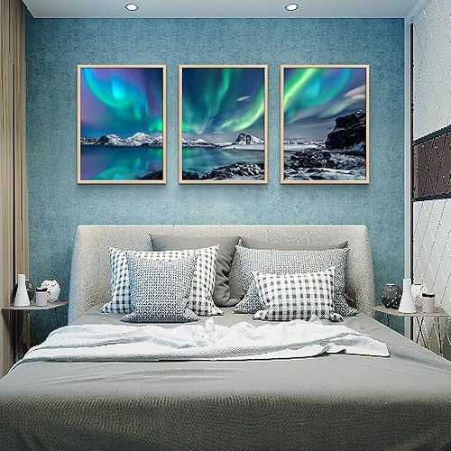 Miniatura 4 de MHARTK66 Juego de 3 arte de pared  Paisaje abstracto de Aurora azul para sala de estar, dormitorio y oficina, impresiones artísticas enmarcadas de