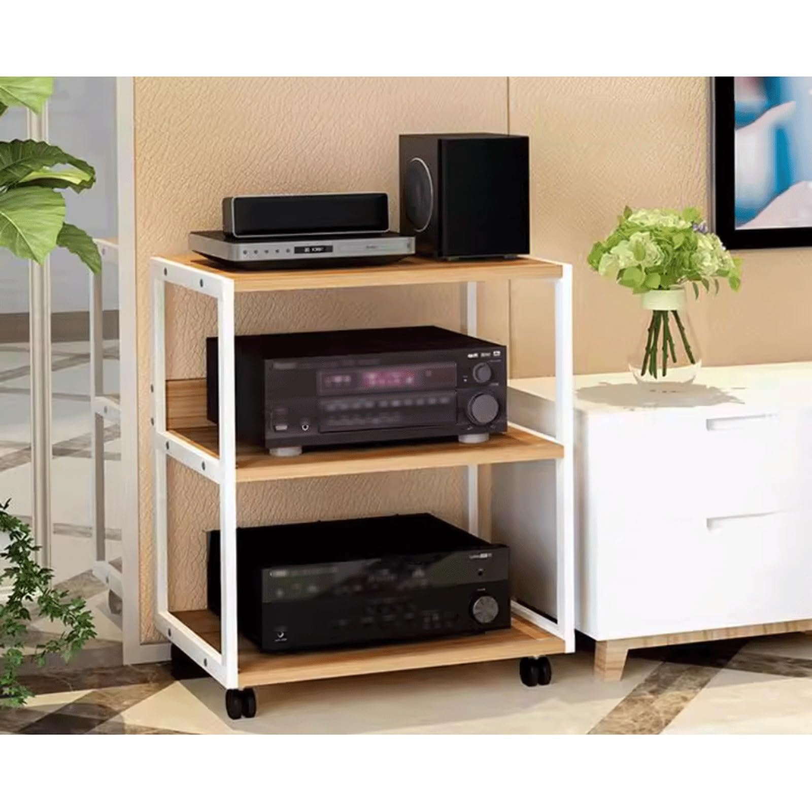 Stojak audio wideo, 3/4 poziomy z kółkami, drewniana mobilna wieża do przechowywania płyt gramofonowych, szafa stereo, do domu, biura, salonu (Nero-70 cm)