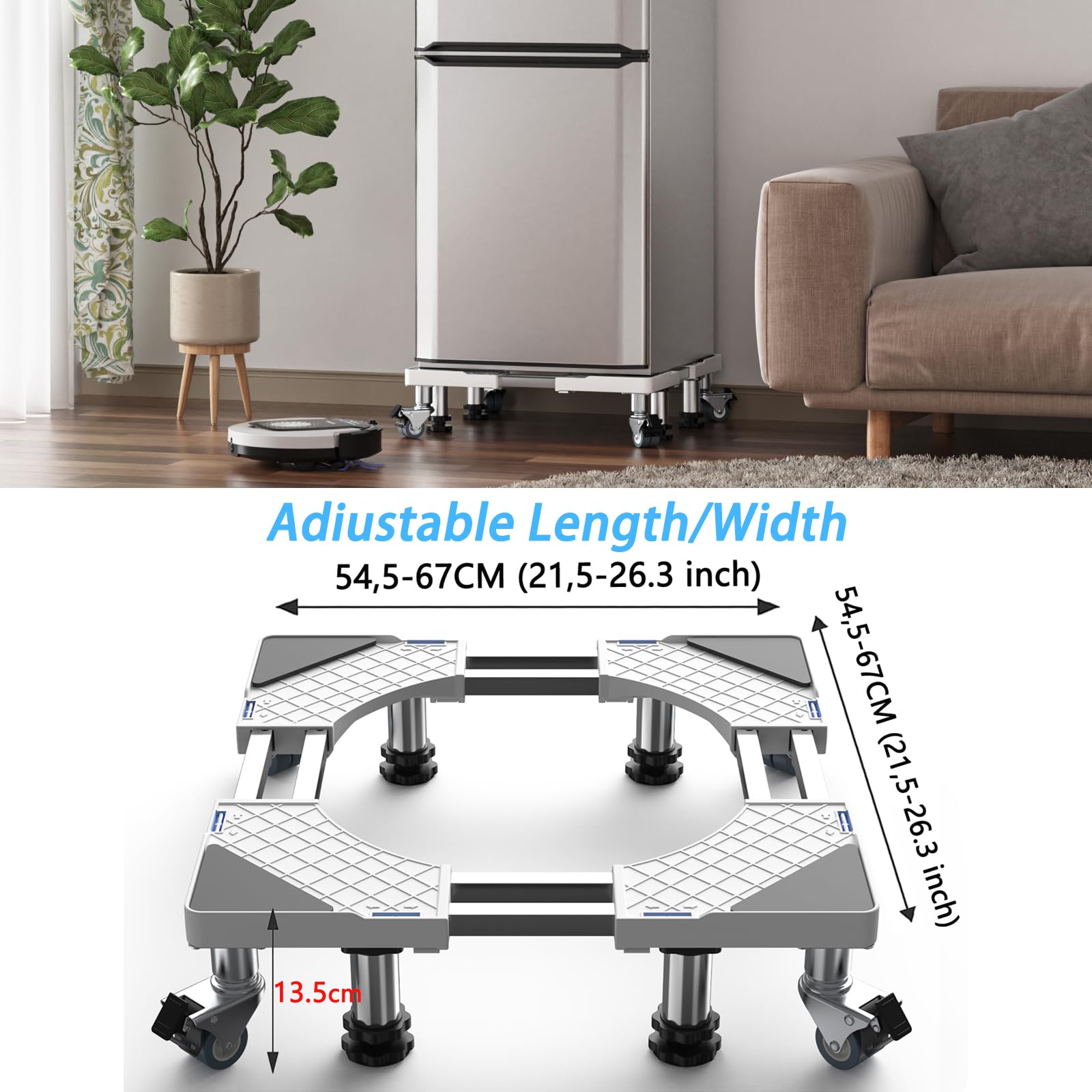 DEWEL Estructura Base para Lavadora con 4 Ruedas Superiores, 4 Patas en Negrita, Carga de Carga 500 KG, Ajustable para Frigorífico, Secadora y Congelador, Ajustable 54,5-67 cm, 14,3-14,5 cm (Blanco)