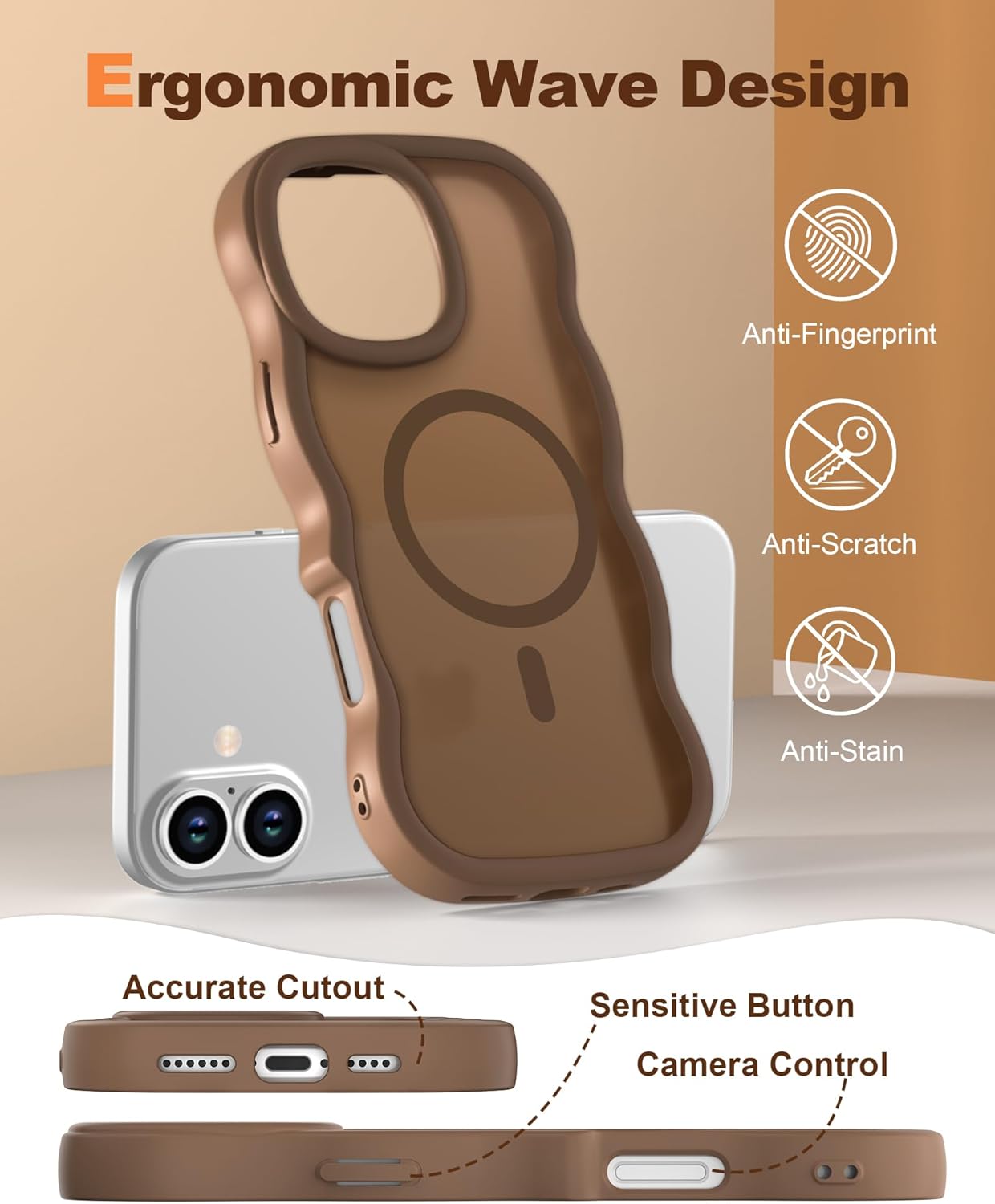 XYZ for iPhone 16 Case, [Compatible with Magsafe],[Magnetic Soft Slicone Ring Holder],Curly Wavy Frame Hard Translucent Matte Back Cover Shockproof Phone Case for iPhone 16 6.1'', Brown - Image 5