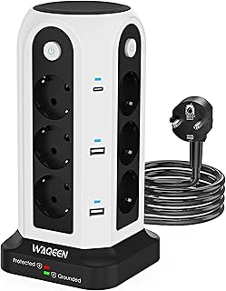 Mehrfachsteckdose mit 12 AC Steckdosen, 2 USB-C & 4 USB-A, 4 Schaltern, Überspannungsschutz, 2 m Kabel, feuerfestem Material, Steckdosenturm ideal für Büro, Küche & Zuhause – Weiß/Schwarz