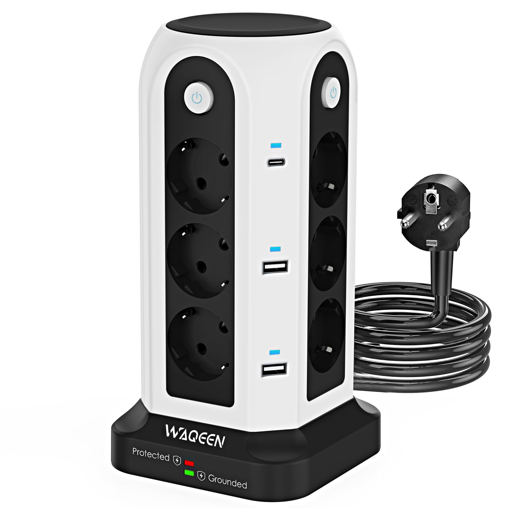 Steckdosenturm mit USB C & A, Überspannungsschutz, Mehrfachsteckdose | 12 AC Steckdosen, 2 USB-C & 4 USB-A, 4 Schalter, 2 m Kabel, feuerfestes Material, ideal für Büro, Küche & Zuhause