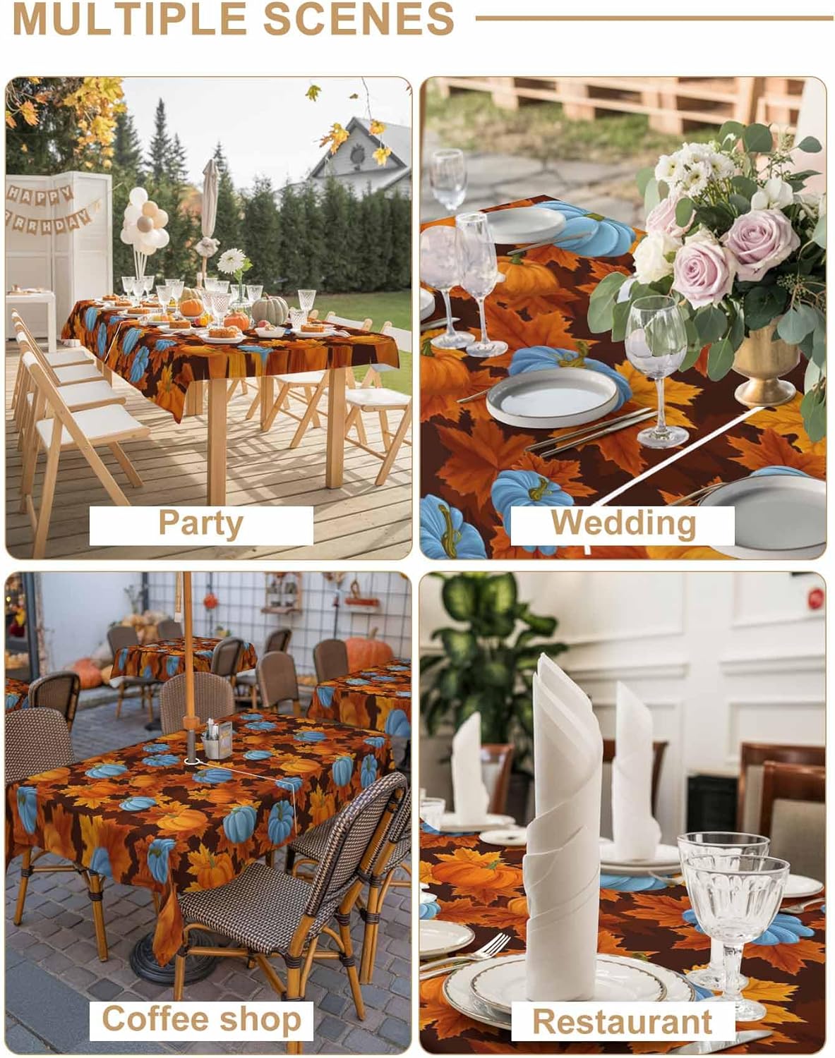 Blue Orange Pumpkins Outdoor Tablecloths with Umbrella Hole and Zipper, Fall Thanksgiving Maple Leaves Waterproof/Stain Resistant Rectangle Table Cloth 60x84 Patio Table Cover for Picnic/Party
