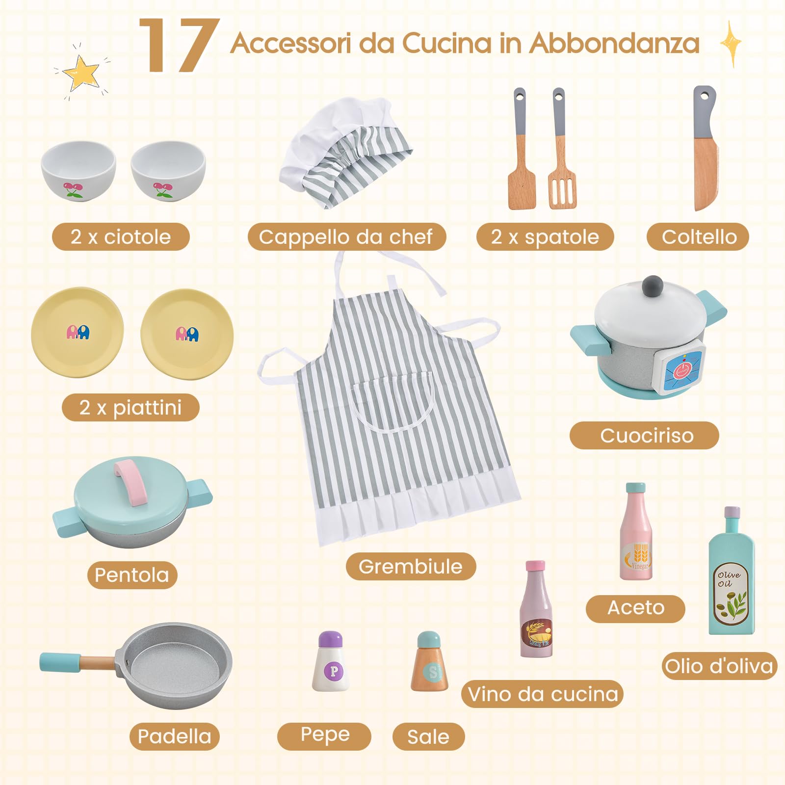 COSTWAY Cucina Giocattolo per Bambini in Legno, Set da Cucina per Bambini con Forno a Microonde, Accessori Vari per Cucinare, per Bambini 3 Anni +, TM-70, Bianco