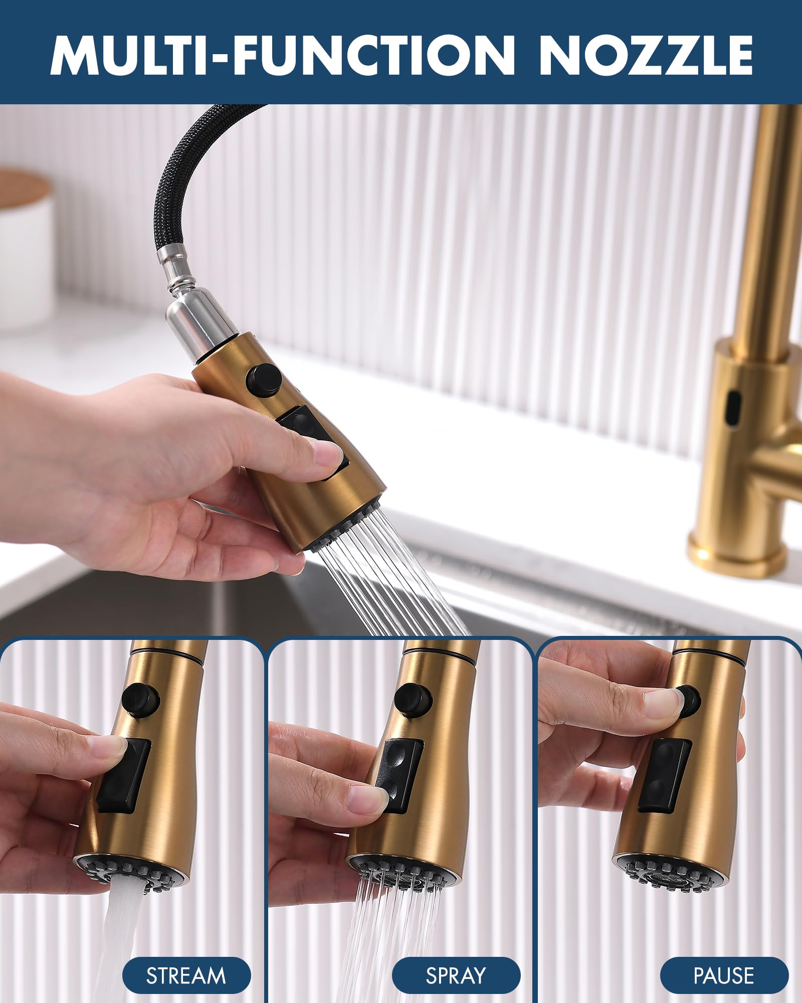 GIMILI Grifo de cocina sin contacto con pulverizador extraíble, oro cepillado | Grifo de fregadero de latón activado inteligente manos libres con sensor de movimiento