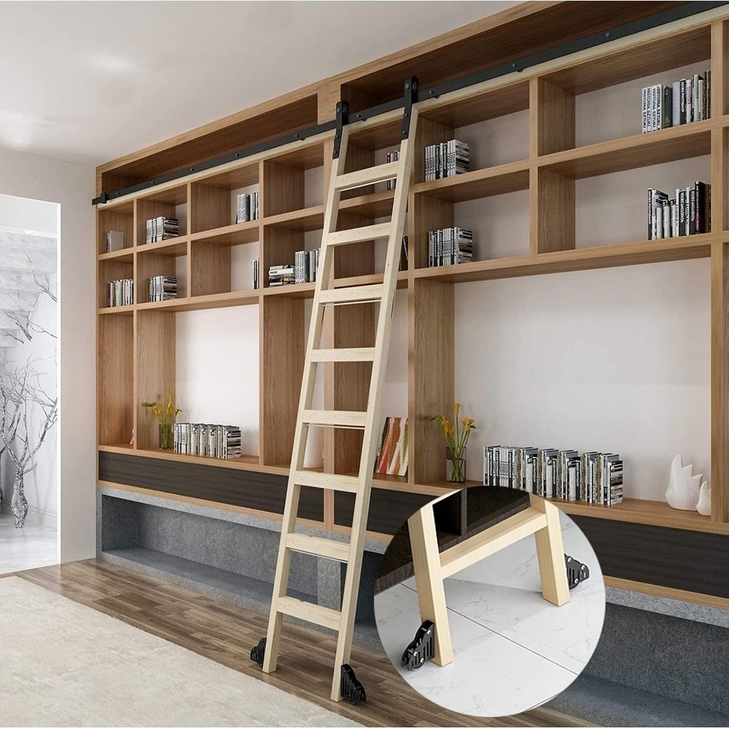 Sliding Ladder Hardware Full Set Library Rolling Ladder Track Kit, Round Carbon Steel Track/Rail, Black Mobile Ladder Hanging Track, for Home/Indoor/Loft, with Floor Roller Wheels (Size : 30