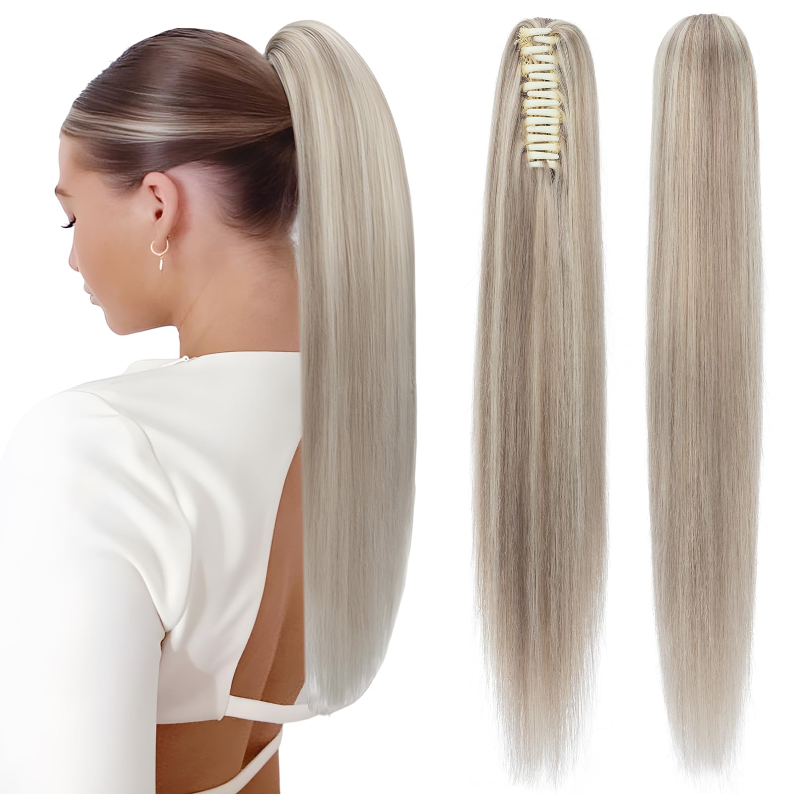 Elailite Claw on Ponytail Extension Real Human Hair Clip Natural HairPiece Straight (#18Y/613 Ash Blonde Mix Bleach Blonde, 20 Inch)