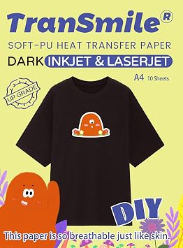 TRANSMILE Dark Transfer Paper Printable Heat Transfer Vinyl Black Fabric A4 10 Sheets Iron on Transfers for Inkjet & Laser Printer, Bright and Washable,No SmudgingTS-H-D3.0-10