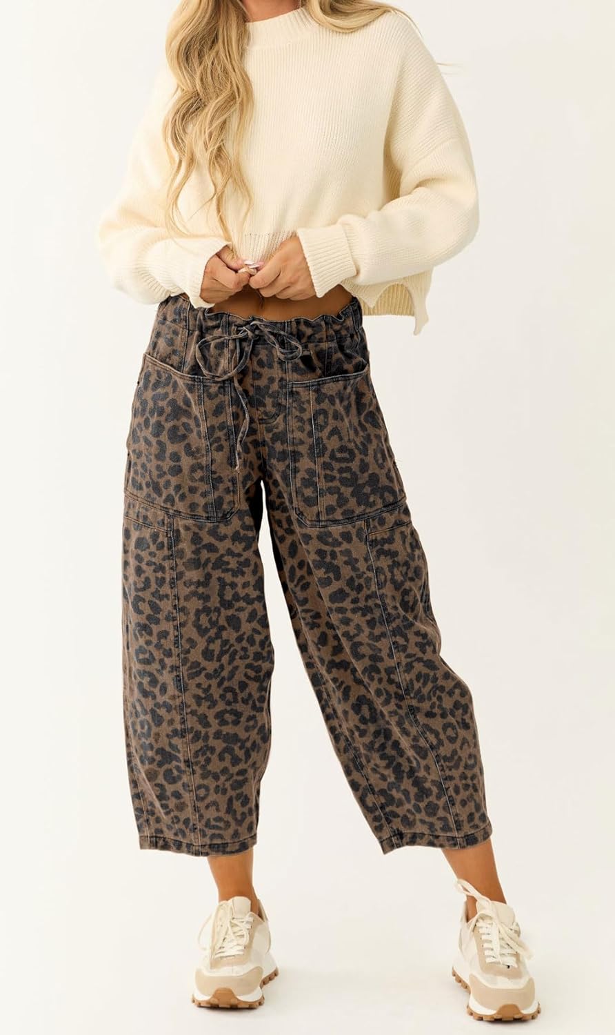 loveimgs Women Loose Leopard Print Cropped Denim Pants Barrel Jeans Elastic Waist Cheetah Wide Leg Harem Pants - Image 4