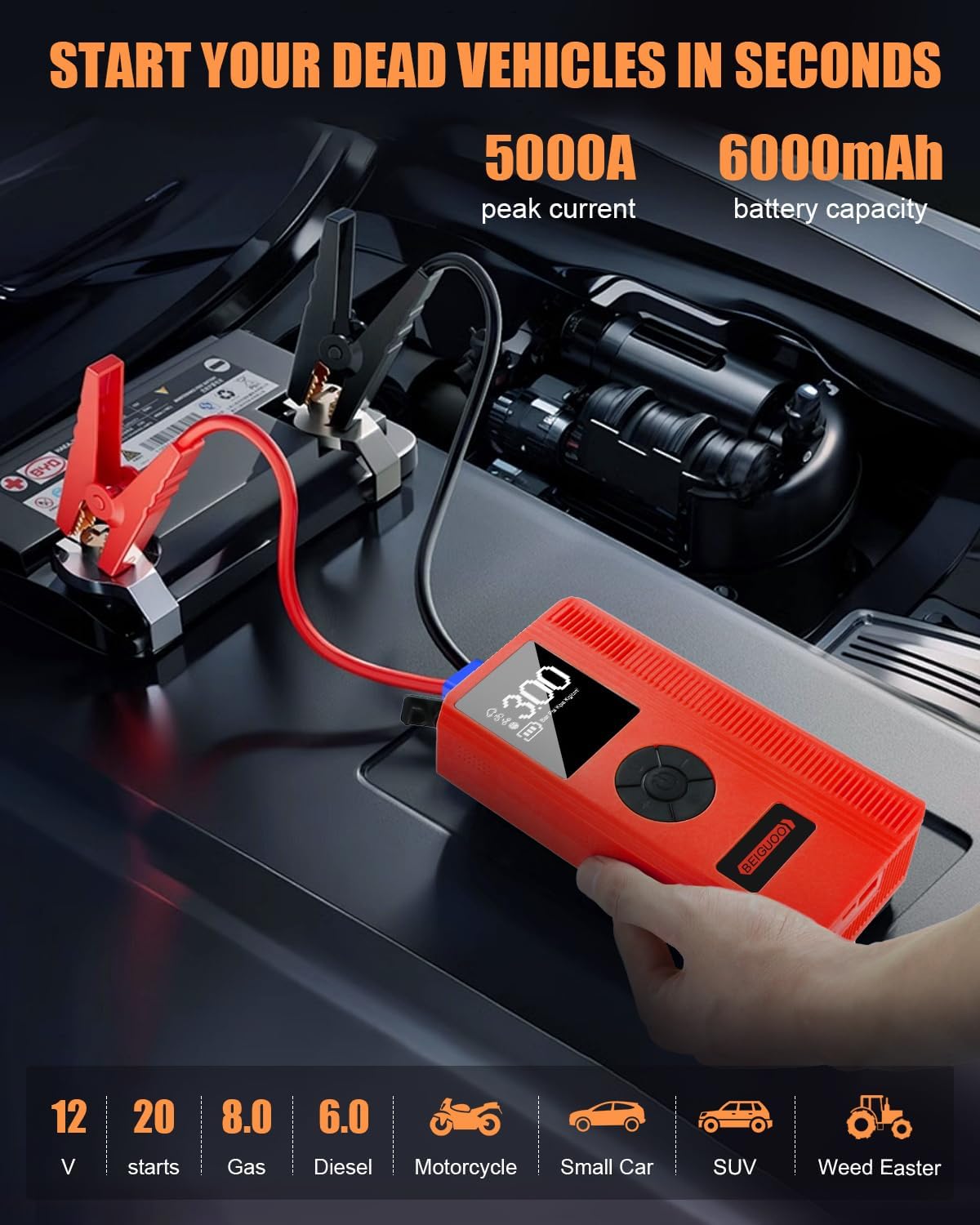 [Upgraded] Jump Starter with Air Compressor, Car Battery Jump Starter (8L Gas/6L Diesel), Jump Box Battery Jumper Starter Portable, 12V Portable Car Jump Starter with 150PSI Tire Inflator, LED Light - Image 2