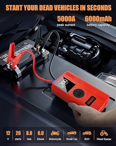 Miniatura 2 de Actualizado Arrancador con compresor de aire, arrancador de batería de coche (8L de gasolina6L diesel), arrancador de batería portátil de 12 V con