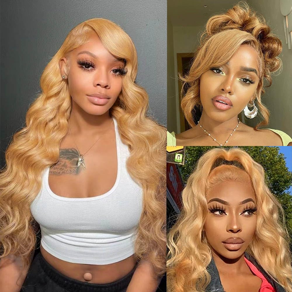 Avolo Honey Blonde Lace Front Wig - Human Hair Pre-Plucked, Body Wave, 180% Density, HD Lace Frontal, 32 Inch