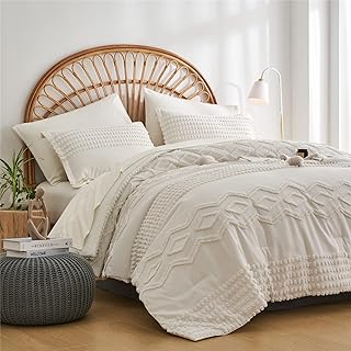 White Tufted Comforter Set King Size 7 Piece Bed in a Bag, Shabby Chic Boho Comforter and Sheet Set, Pom Pom Textured Bed Set, All Season Soft Microfiber Complete Bedding Set(White,King)