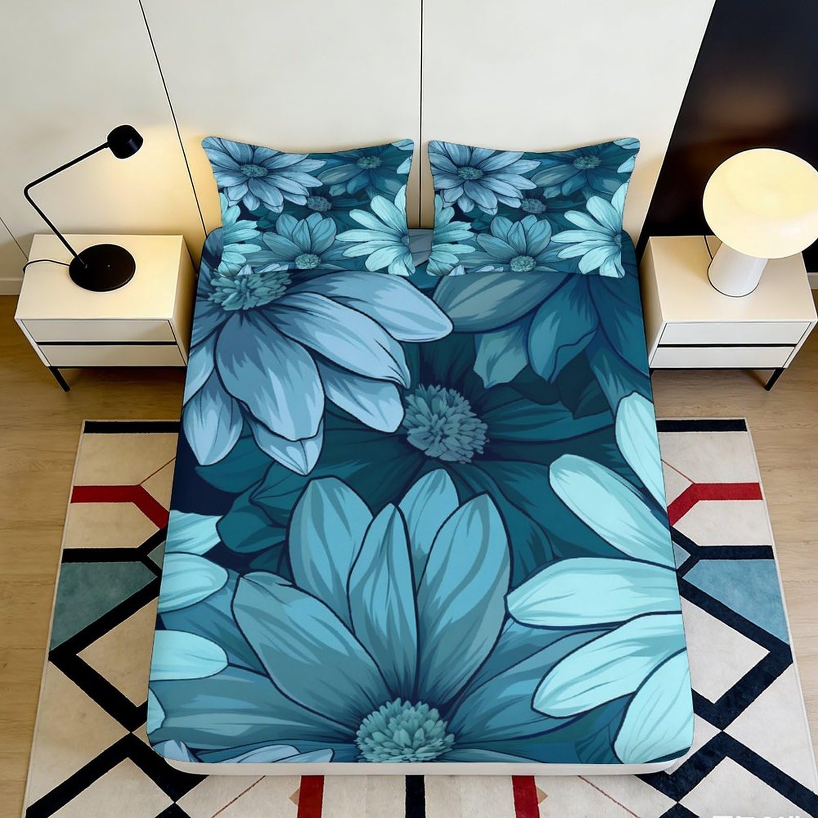 3D Printed Blue Floral Fitted Sheet Microfiber Soft Breathable Daisy Mattress Cover for Bedroom Dorm Mattress Protection Decor 140x200x25cm