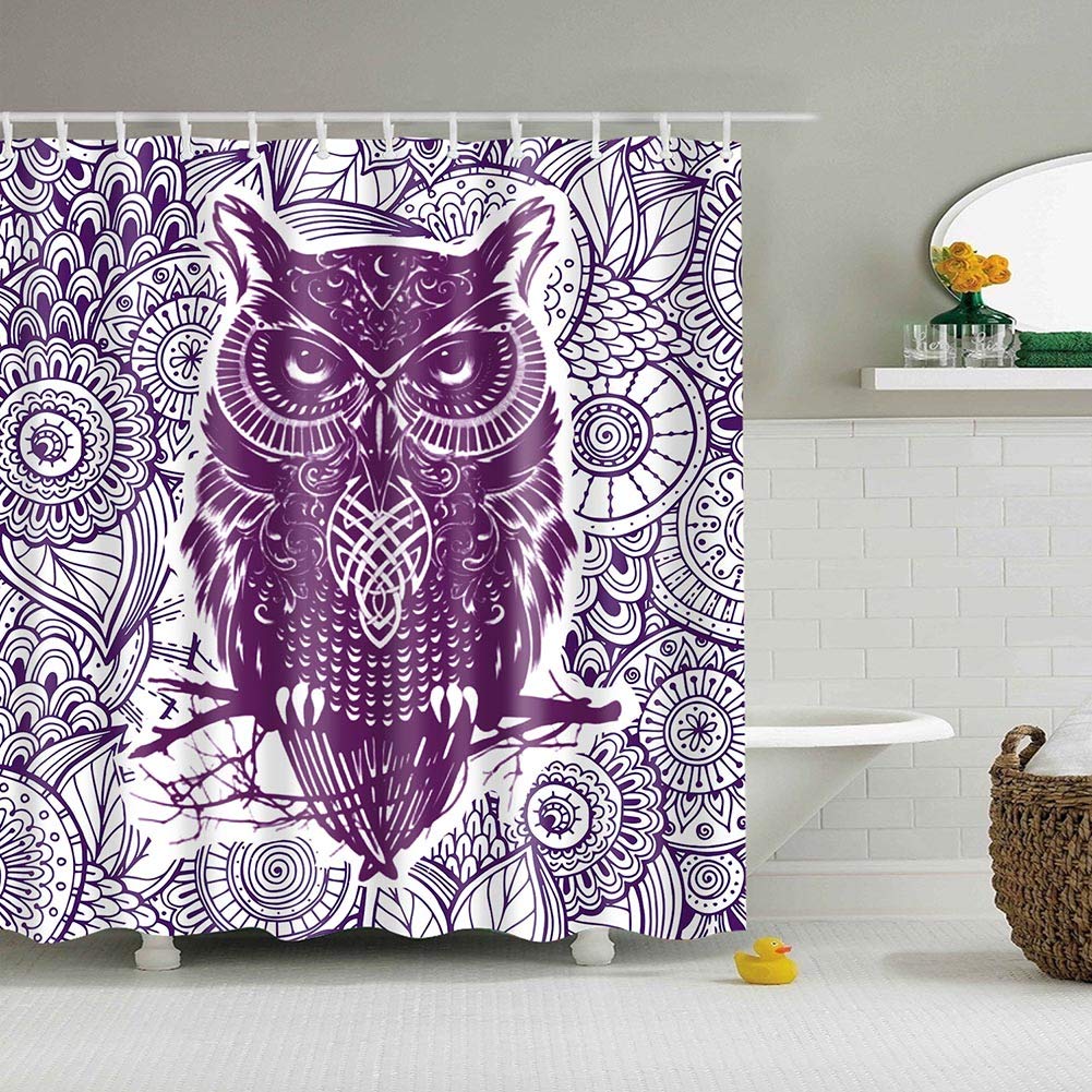 BOYOUTH Owl Standing on the Tree Pattern Digital Print Bath Shower Curtains for Bathroom,Polyester Waterproof Fabric Bath Curtain with 12 Hooks,70x70 Inches,Multicolor