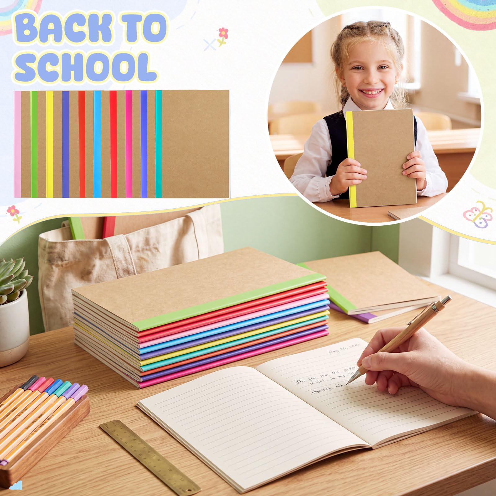 Handepo Confezione da 100 quaderni in carta kraft, 60 pagine, a righe, a righe, copertina morbida, diari di viaggio, per studenti, ufficio, scuola (colorati, A5)