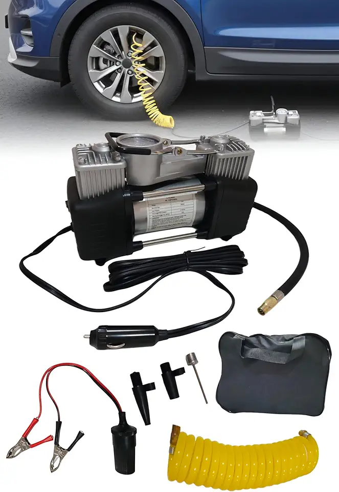 Compressor de Ar Automotivo 12V, 2 Cilindros, 85 L/min, 150 PSI, com Manômetro, Cabo de Bateria, Mangueira Espiral Amarela e Bolsa de Transporte