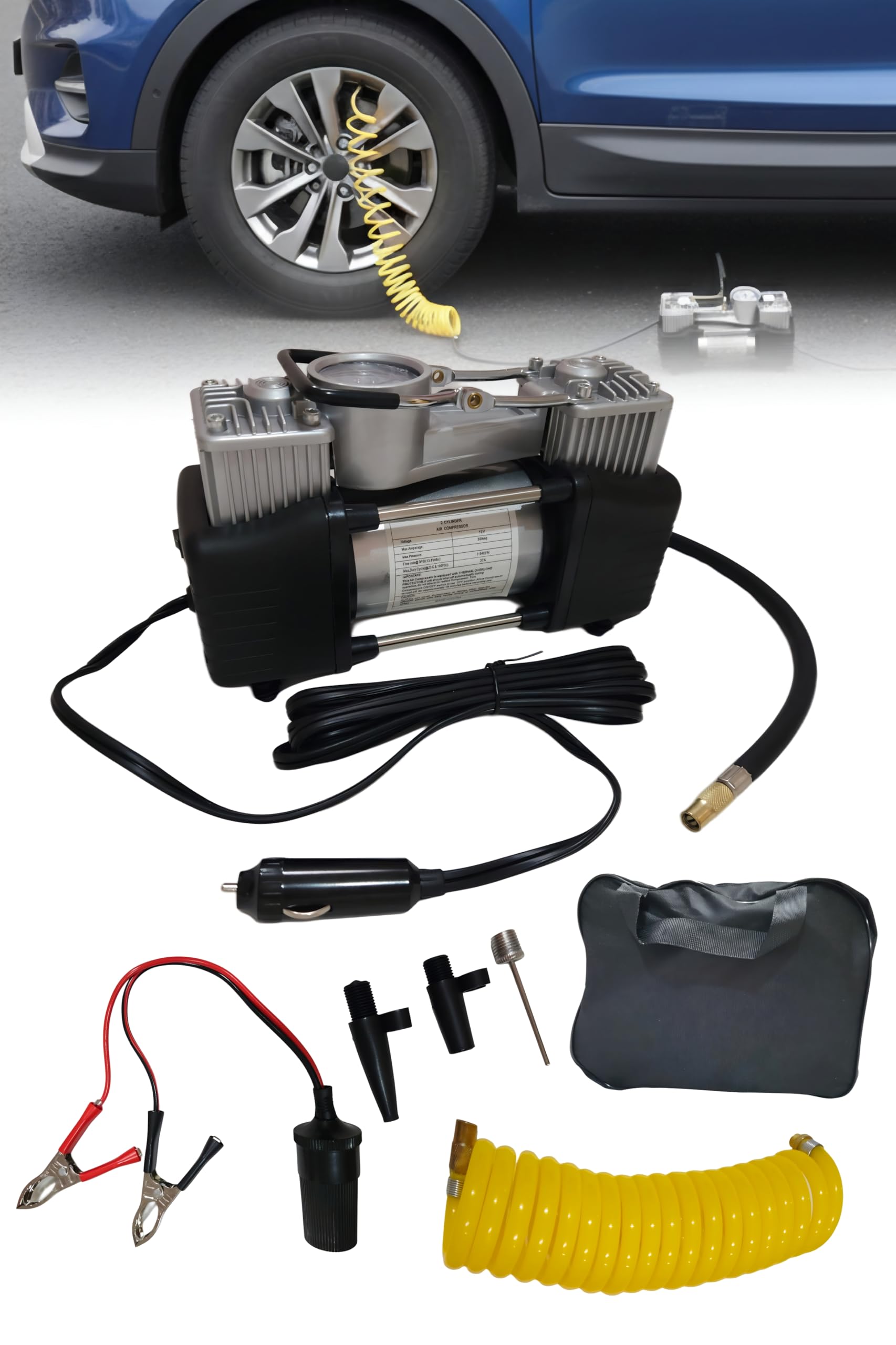 Compressor de Ar Automotivo 12V, 2 Cilindros, 85 L/min, 150 PSI, com Manômetro, Cabo de