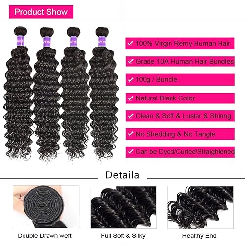 Miniatura 9 de Manojos de cabello humano con cierre (16, 18, 20+14, parte libre) 100% cabello humano brasileño rizado profundo con cierre de encaje, 3 paquetes con