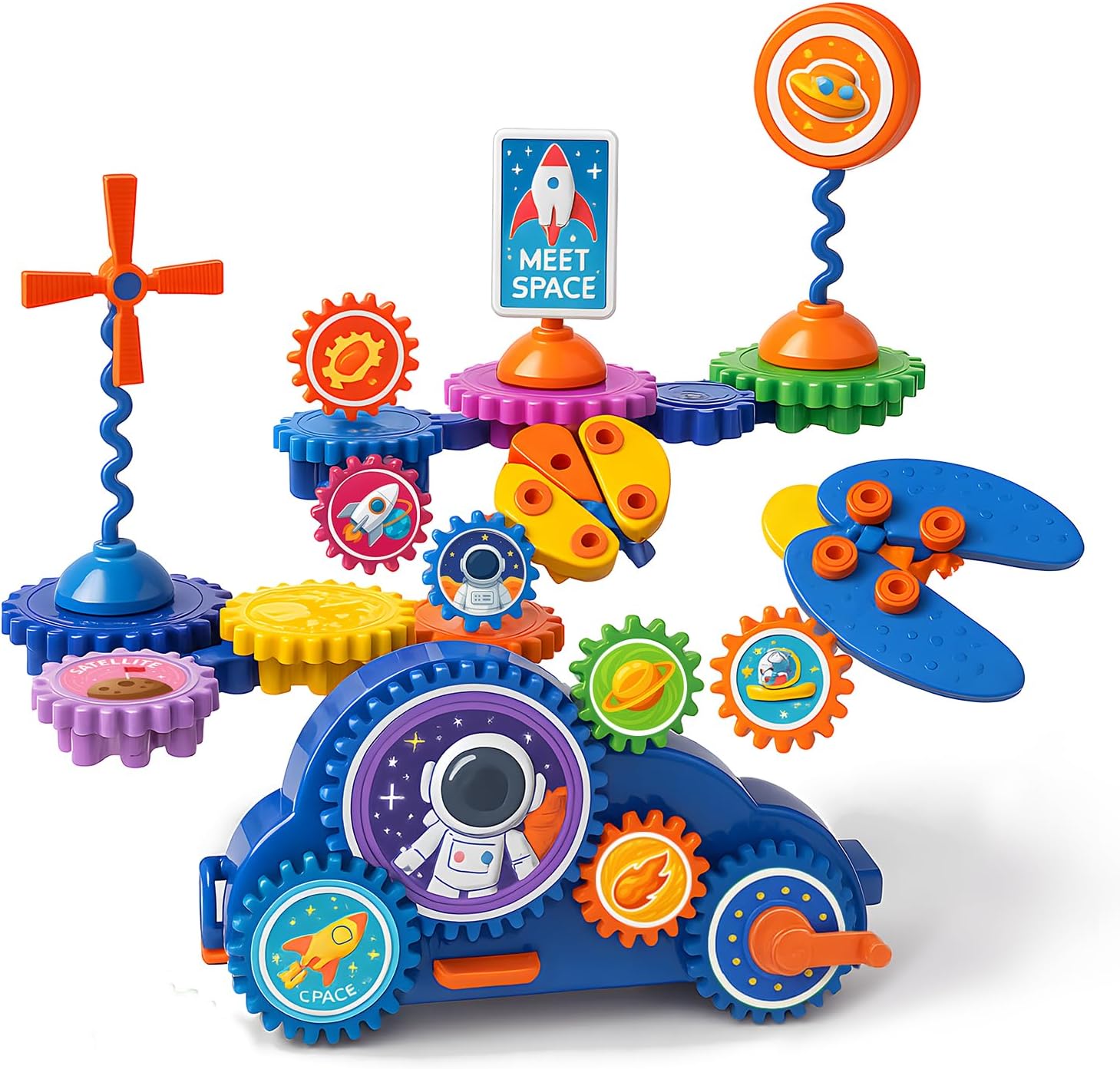 Motorized Spinning Gear Building Toys for Kids, Space Rocket STEM Construction Set, Educational Interlocking Building Blocks Puzzle | Gear Toys for Toddlers Ages 3-8