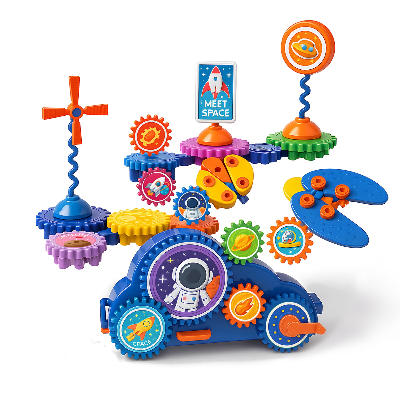 Motorized Spinning Gear Building Toys for Kids, Space Rocket STEM Construction Set, Educational Interlocking Building Blocks Puzzle | Gear Toys for Toddlers Ages 3-8