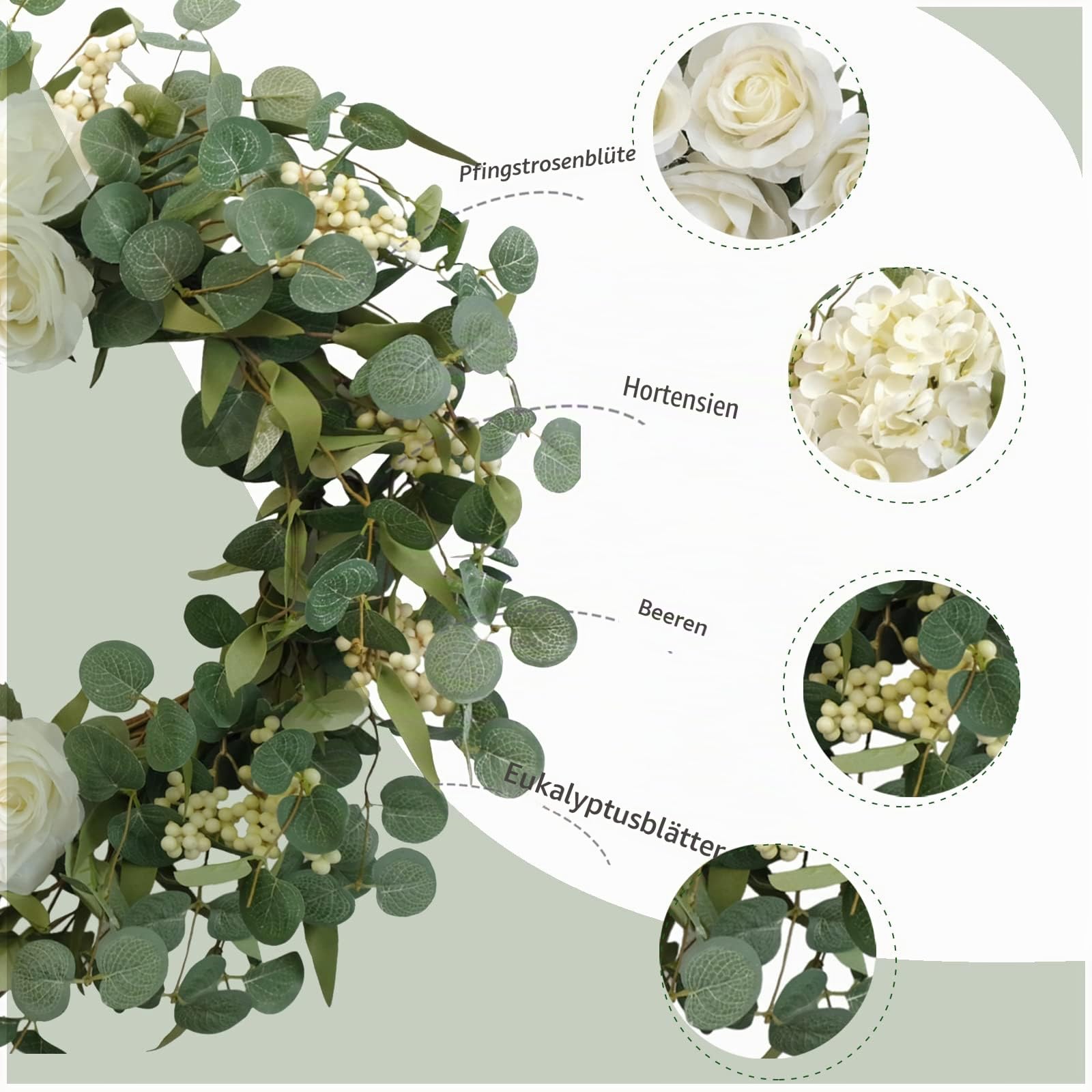 Hortensien, Frühlingskranz für Haustür, künstliche Sommerkränze mit weißen Pfingstrosen, für Bauernhaus, Zuhause, Hochzeit, Party, Wandfenster, Außendekoration, 50,8 cm, Weiß