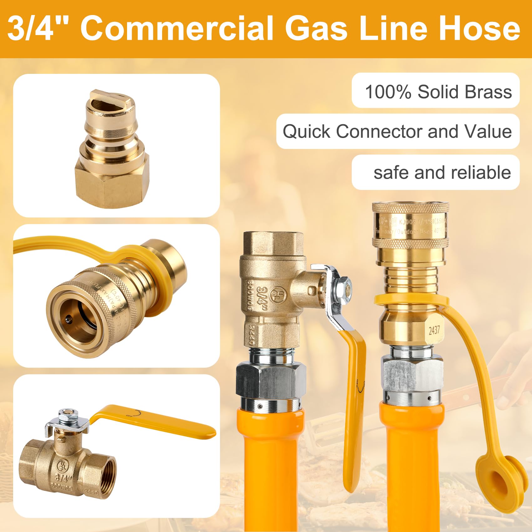 1675kit48 - Manguera de línea de gas para cocina comercial, línea flexible de gas de 3/4 pulgadas, kit de conector de manguera de gas móvil de 48 pulgadas con 2 codos, amarillo