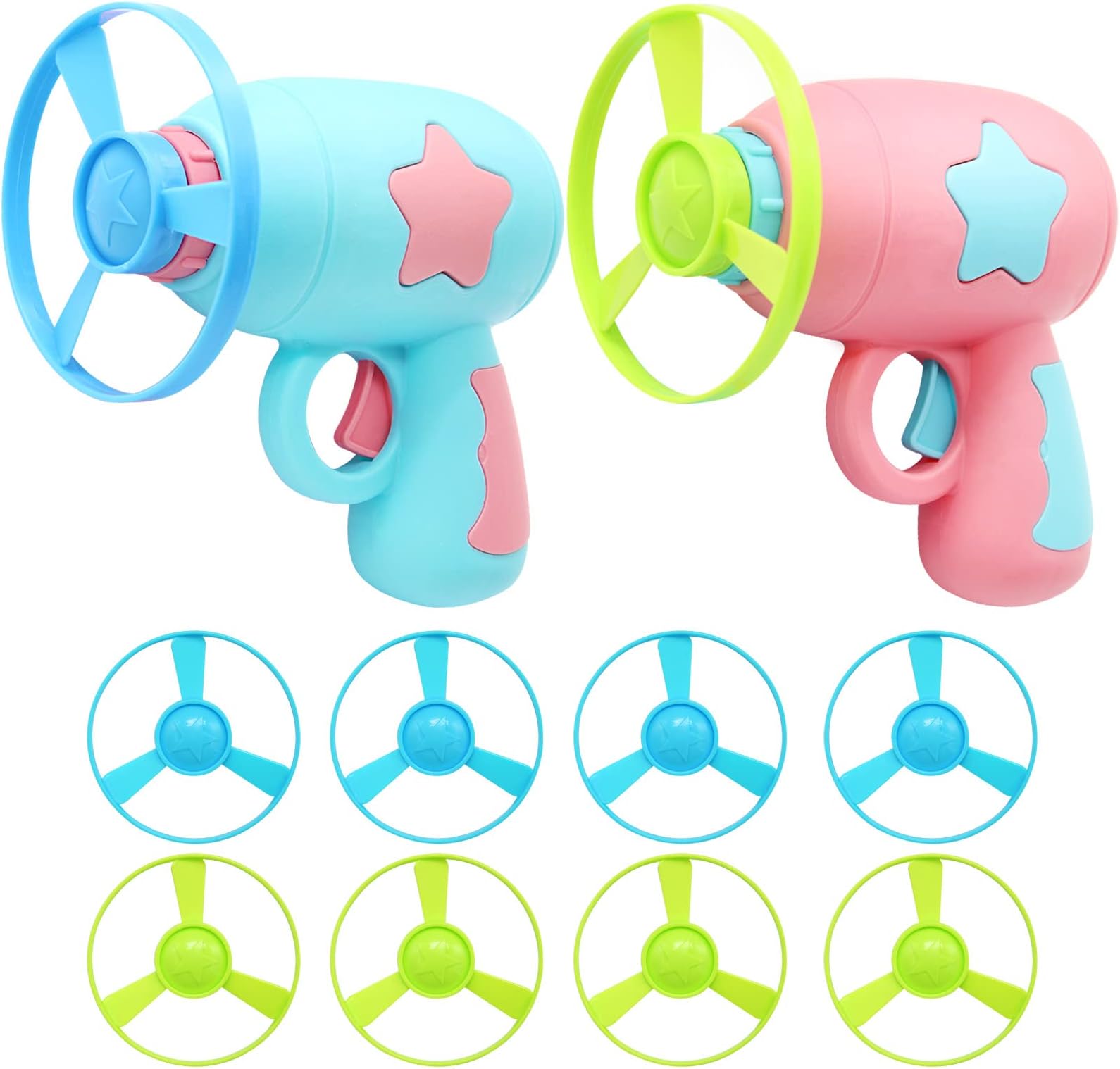 Uooker Cat Toys, 10 Pcs Spinning Shooter Flying Disc Toys with 2 Launchers & 8 Discs for Cats & Children, Interactive Cat Toy, Cat Gifts Funny Flying Toys for Cat Small Dogs Exercise(Pink, Blue)