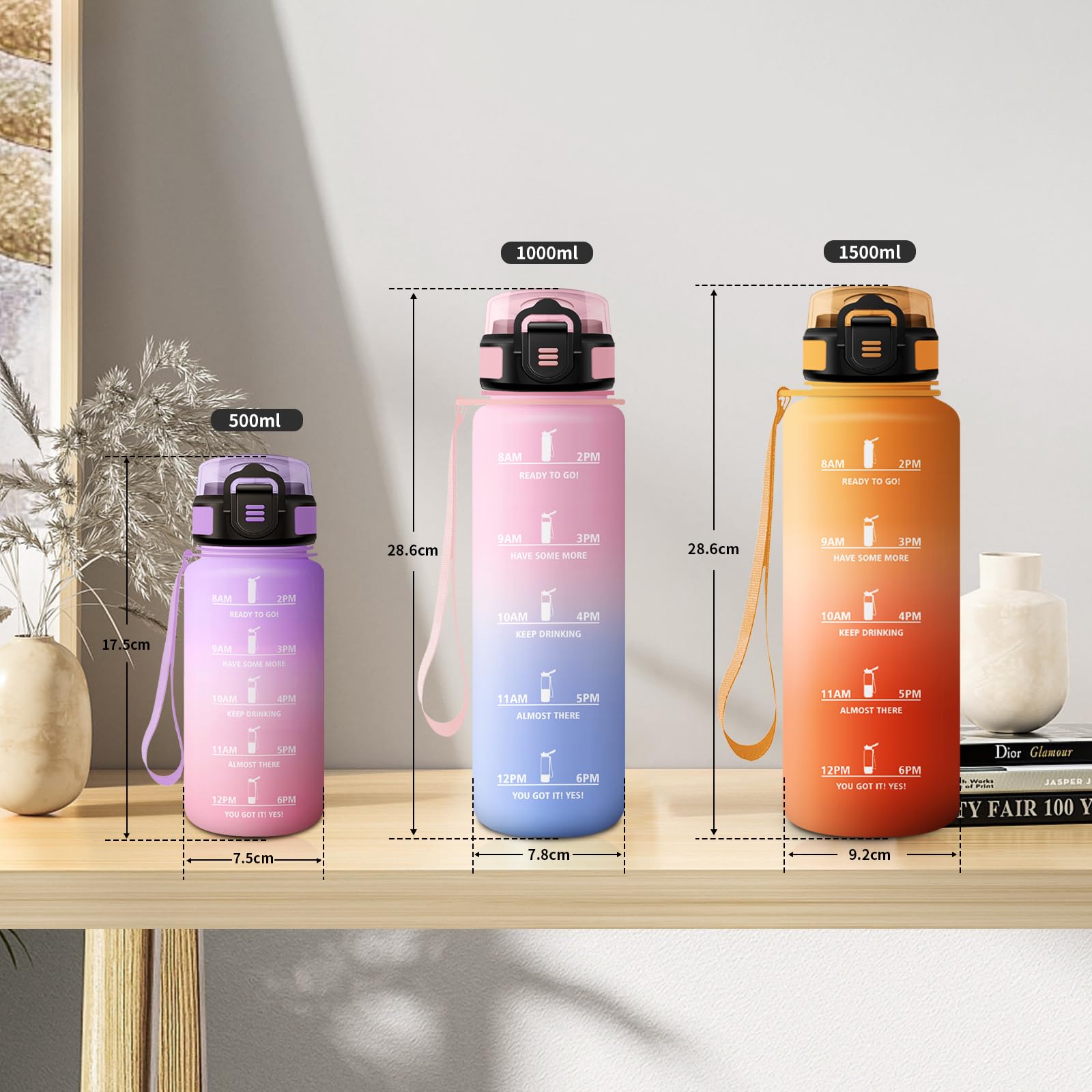 Borraccia Bambini 500ml, Borraccia con Cannuccia, a Prova di Perdite, Facile Pulizia, Bottiglia Acqua Motivazionale con Indicatore del Tempo, Bottiglia per Ufficio, Escursionismo, Bambini, Yoga