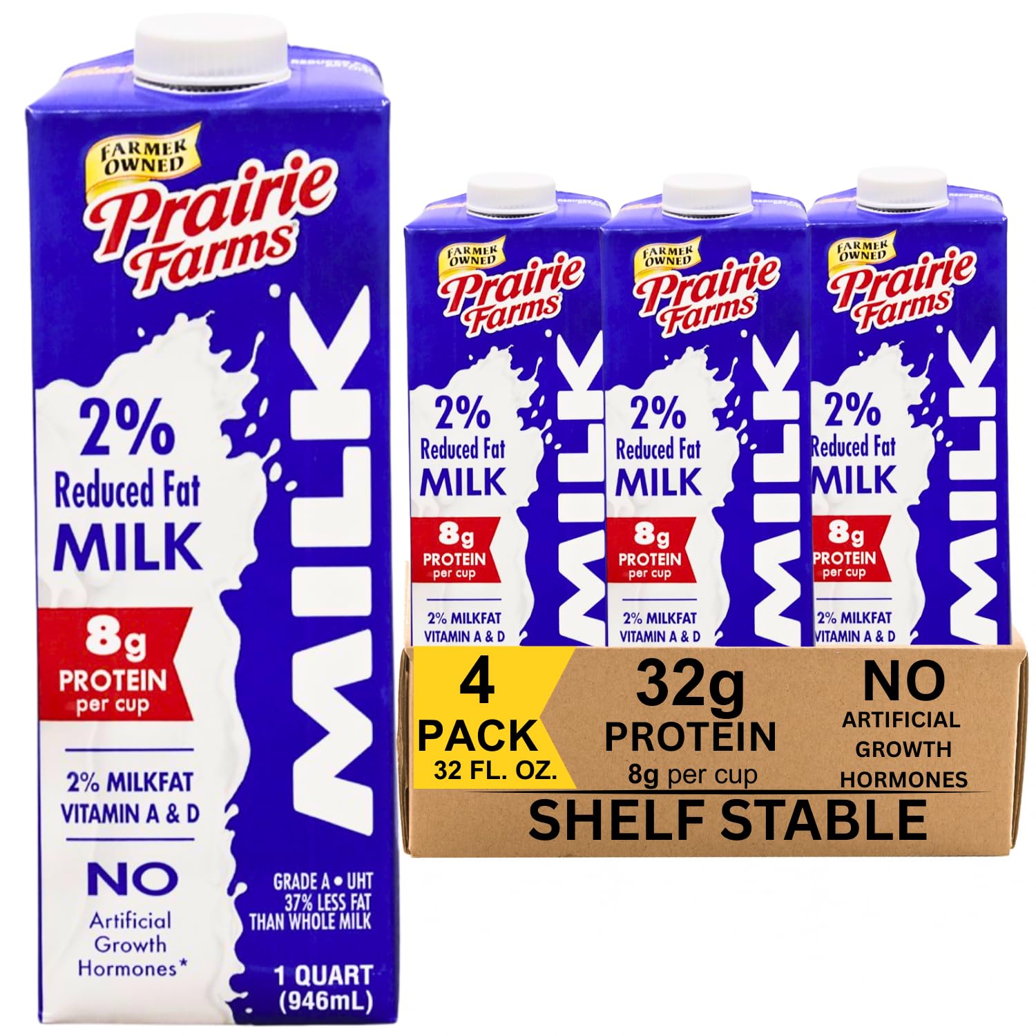 Prairie Farms Milk 2% Percent, Shelf Stable, Reduced Fat, Boxed & Ulta Pasteurized (UHT), Vitamin D White Milk - Preservative and Hormone Free, Gluten Free, Kosher, Made in USA - 1 Quart (4 Pack)