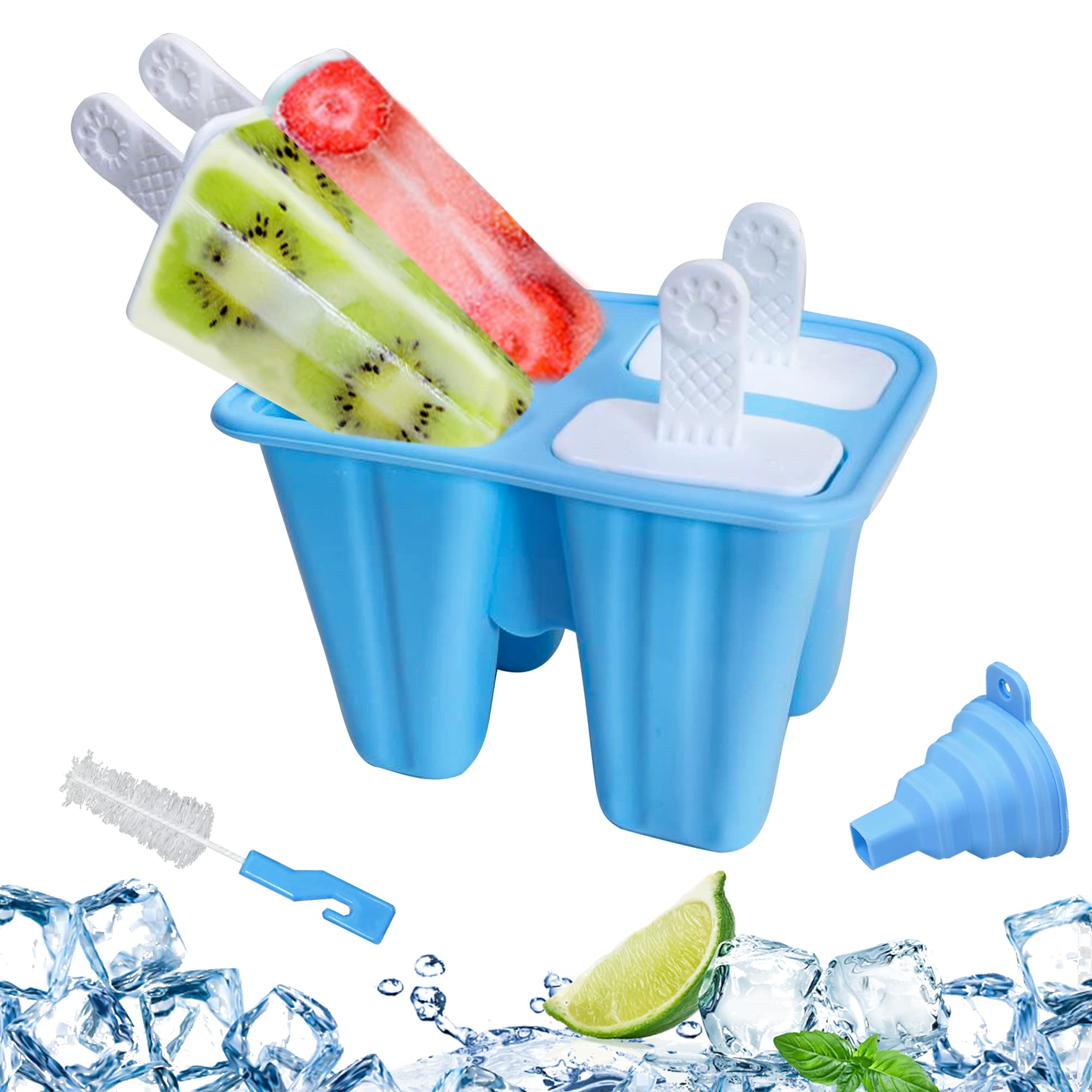 Silicone Popsicle Molds DIY Ice Pop Mold for Kids Adult Teens, 4-cavity Ice Cream Molds Maker for Party Yogurt Juice Smoothies Sticks (Blue)