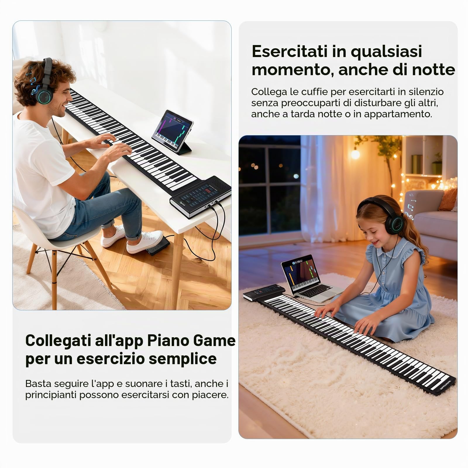 Pianoforte a tastiera arrotolabile POGOLAB a 88 tasti, pianoforte arrotolabile ricaricabile con 20 demo/128 toni/128 ritmi/jack per cuffie/Bluetooth/batteria, pianoforte a mano pieghevole da viaggio