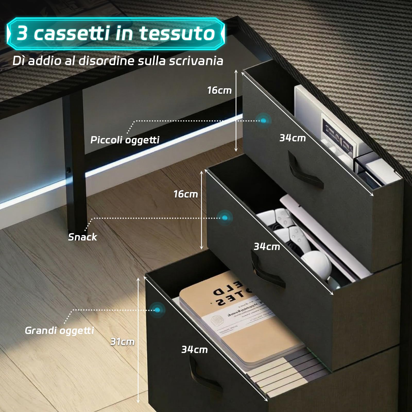 Devoko Scrivania Gaming Angolare 115x90 cm LED/Presa Nero | Struttura a L con mensola, griglia, 3 cassetti e supporto monitor per giocatori