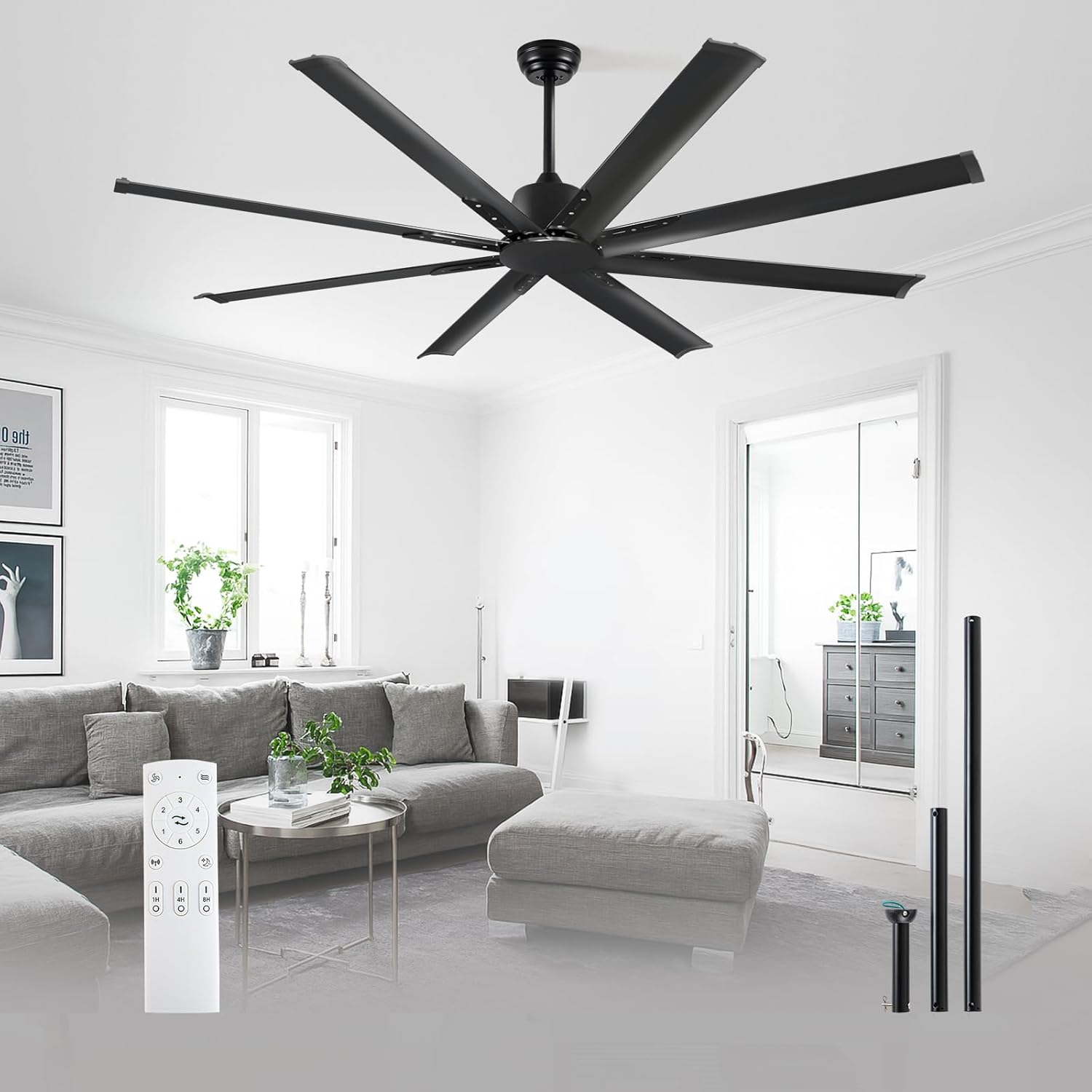 72 Inch Ceiling Fan No Light with Remote,8 Aluminum Blades,Industrial DC Motor Quiet Operation,6 Speeds,Large Indoor Outdoor Ceiling Fan for Garage,Patio,Living Room(Black)