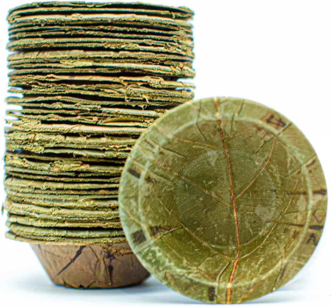 Tapari Disposable Sauce Ramekins - 50 Pack Mini Sauce Pots - 7cm Diameter - Made from Sturdy & Eco-Friendly Sal Leaves - 100% Compostable & Biodegradable Disposable Leaf Soufflé pots - 30ml, Green