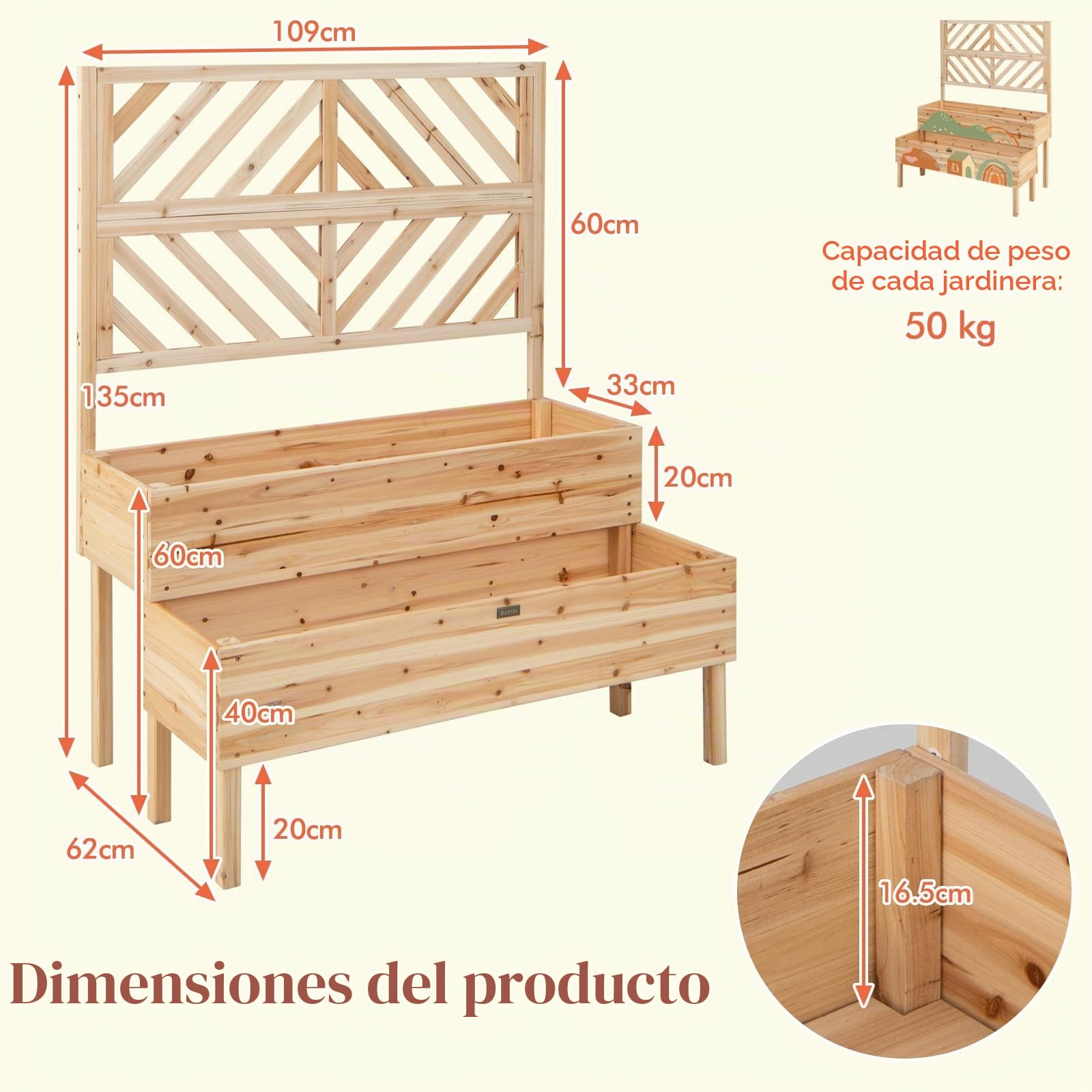 HOMASIS Macetero con rejilla de madera para exterior, jardinera con enrejado de 2 estantes, jardinera vertical elevada para plantas trepadoras de abeto con agujeros de drenaje, 109x62x135 cm (Natural)