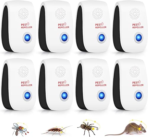 Paquete de 8 repelentes ultrasónicos mejorados para control de plagas en interiores para roedores, ratones, cucarachas, arañas, hormigas, mosquitos,