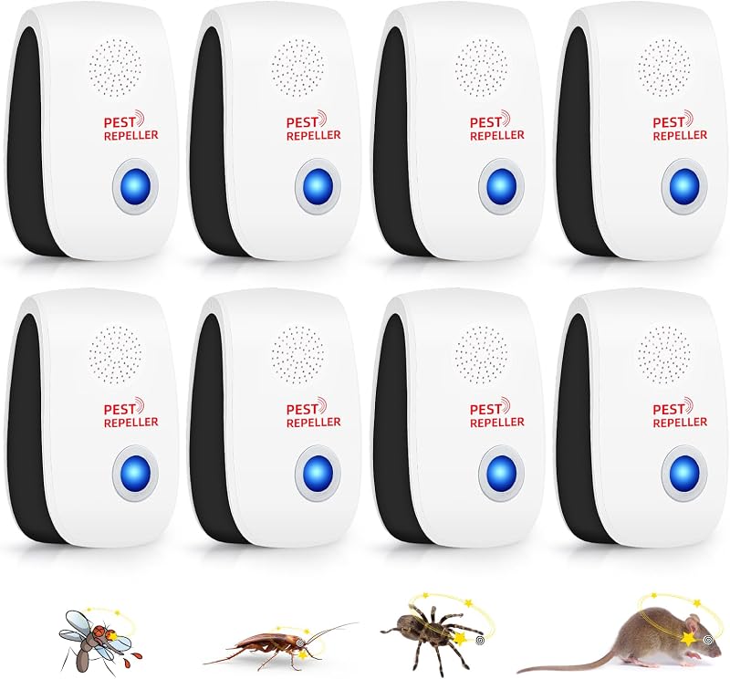 8PCS Repelente Ultrasónico de Ratones y Plagas, Repelente de Roedores para el Hogar | Seguro para humanos para mascotas, silencioso, Control de plagas para ratones, ratas, cucarachas, arañas, cobertura para dormitorios, cocinas, garajes, áticos