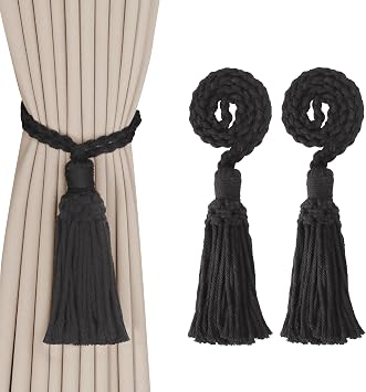 2 Pack Boho Decorative Curtain Tiebacks Hand-Woven Cotton No Drill Curtain Holdbacks with Tassel, Curtain Rope & Tassel Tie Backs for Drapes Natural Style 2, Black