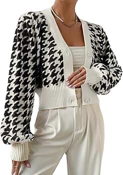 Womens Houndstooth Cardigan Sweater V Neck Open Front Long