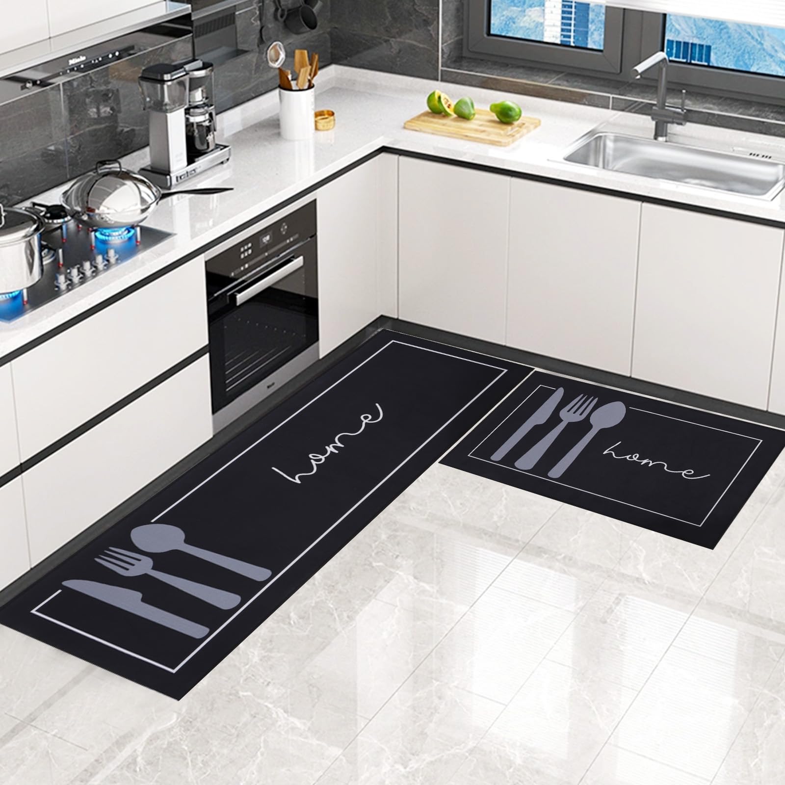LHHMZ 2-Piece Non-Slip Washable Kitchen & Home Decor Rug Set, 40x60cm + 40x120cm, Black