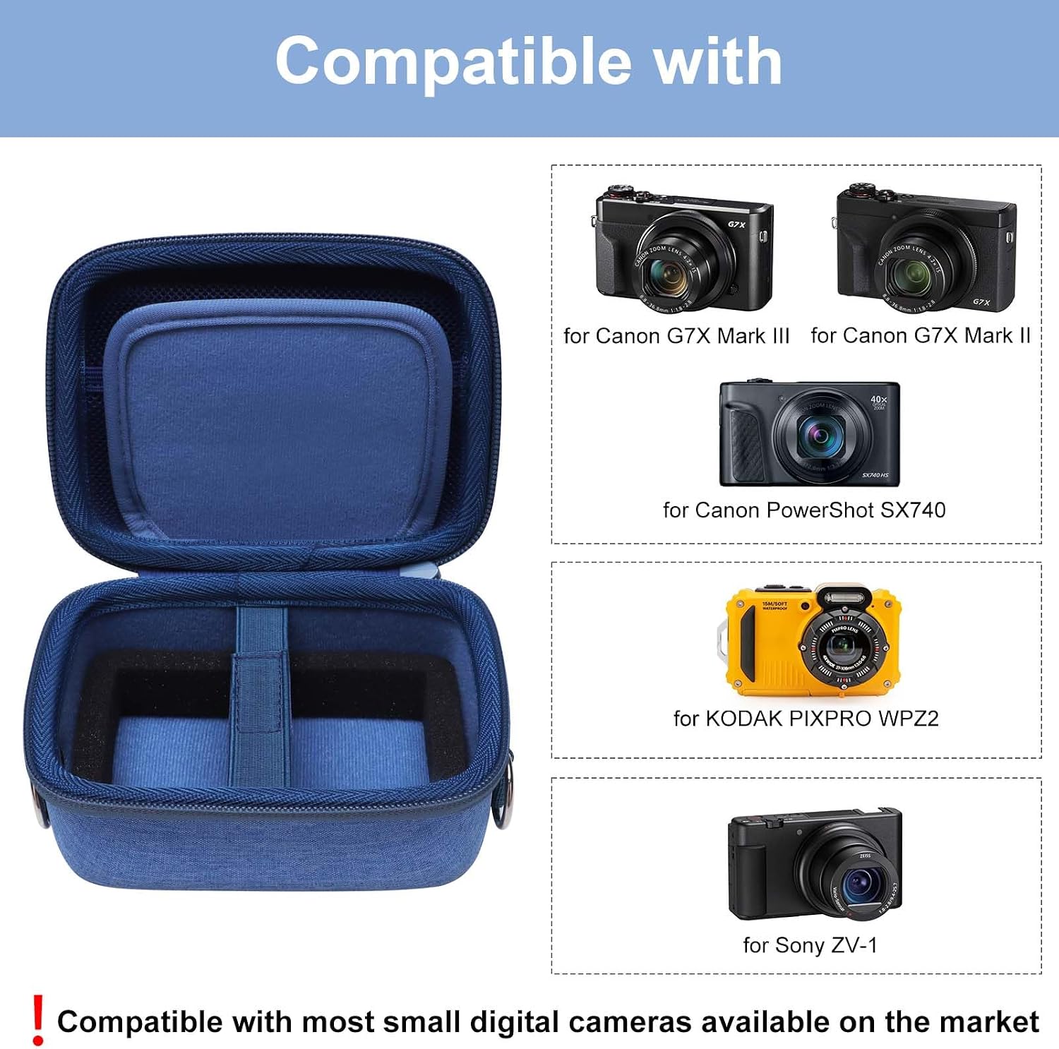 Camera Case Bag Compatible with Canon PowerShot G7 X Mark III, Mark II, SX740 HS, Sony ZV-1, KODAK PIXPRO WPZ2 Digital 4K Vlogging Camera, Point and Shoot 4K Video Camera Bag, Blue (Case Only)
