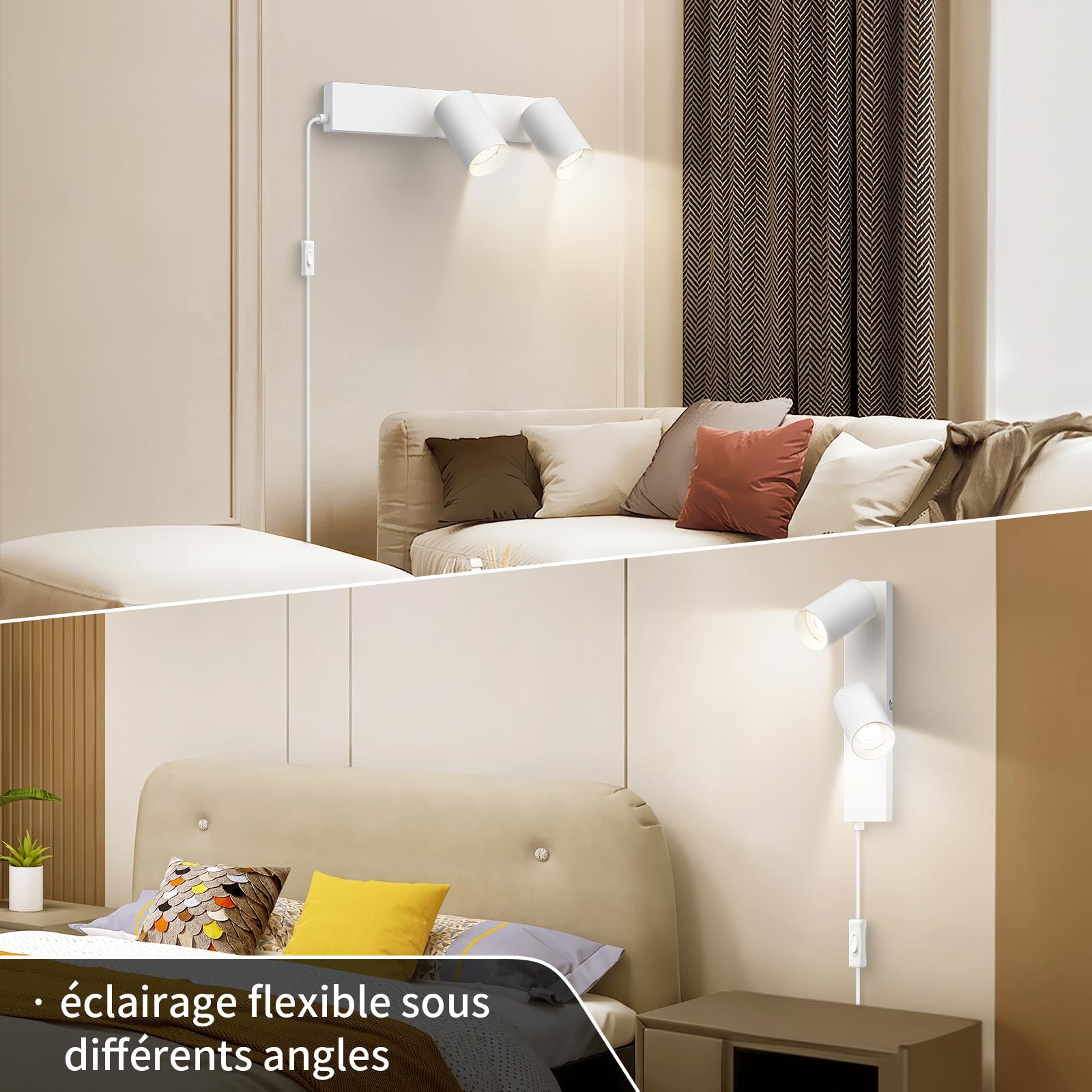 Applique Murale Intérieure avec Prise et Interrupteur 2 Spots Blanc GU10 Lampe de Chevet Murale Moderne Tourner 350°