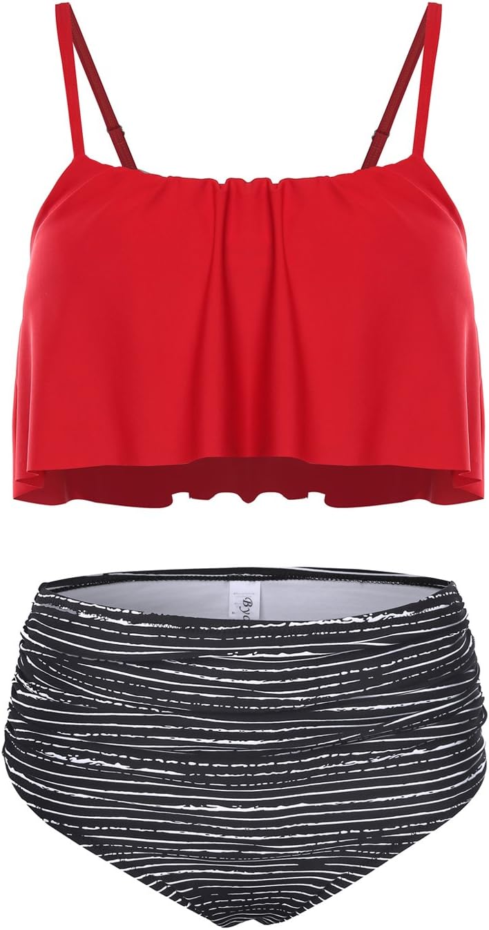Byoauo Womens High Waist Bikini Swimsuits Two Piece Thin Shoulder Straps Plus Size Swimwear (M, Red)