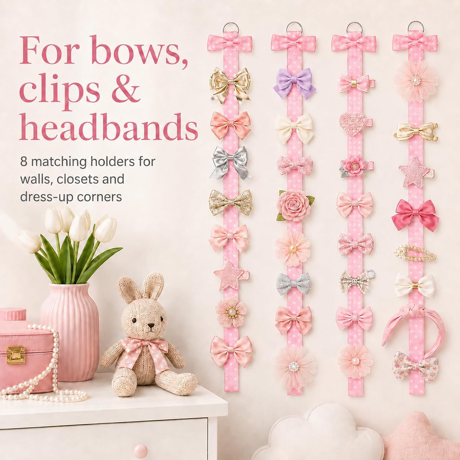 8PCS Pink Bow Holder for Girls Hair Bows Headband Organizer | 38 Inch Clip bow holder wall hanging polka dot ribbon for baby room nursery hair accessories storage display