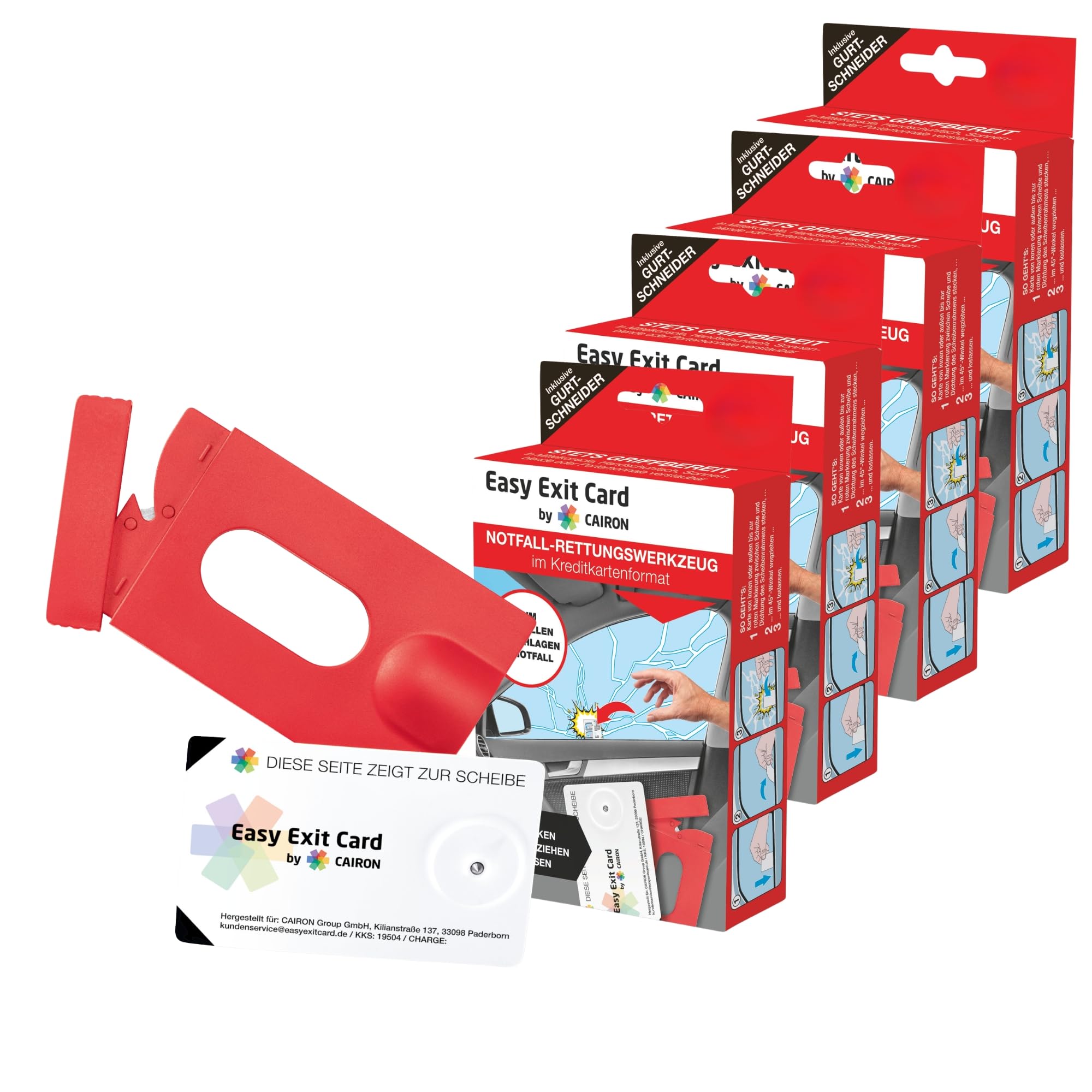 Easy Exit Card by CAIRON - Wenn jede Sekunde zählt | Notfall-Rettungswerkzeug im Kreditkartenformat 4er Set | Für PKW-Seitenscheiben, von innen und außen anwendbar | Inkl. Hülle mit Gurtschneider